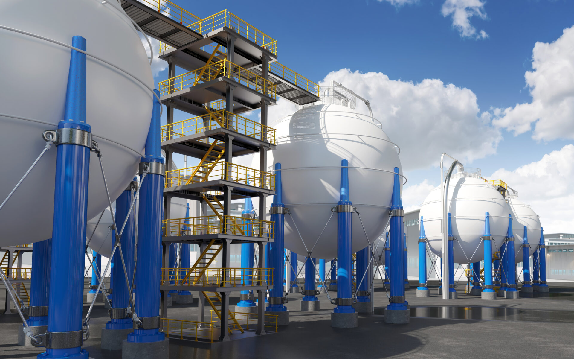 Hydrogen storage tanks, ball shaped with blue pillars