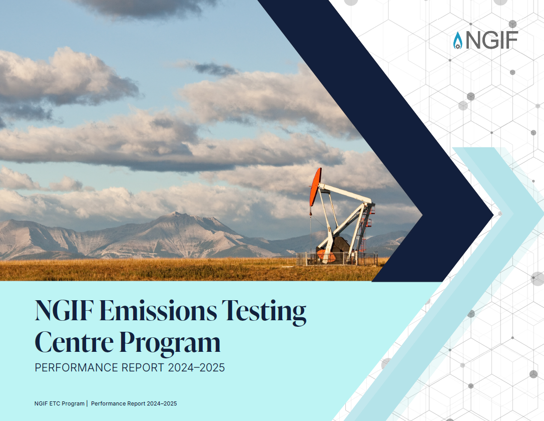 NGIF ETC Performance Report 2024-2025 Cover Page. An image of the prairies showing a brown field, oil drilling equipment, a mountain background, and grey skies with clouds.